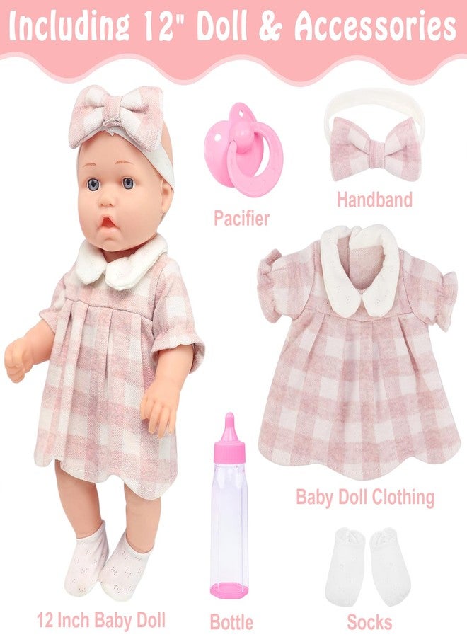 ZITA ELEMENT 12″ Baby Doll Classic Checkered Dress & 6-Piece Accessories Gift Box Packaged - Soft Realistic Lifelike Baby Dolls for Toddlers & Little Girls - Image 4